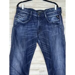 Mens Replay M914 ANBASS Stretch Slim Tapered Blue Jeans W36 L34